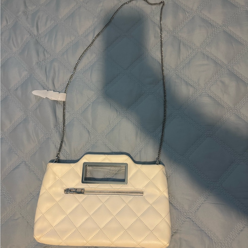 White Quilted Shoulder Bag with Metallic Detail